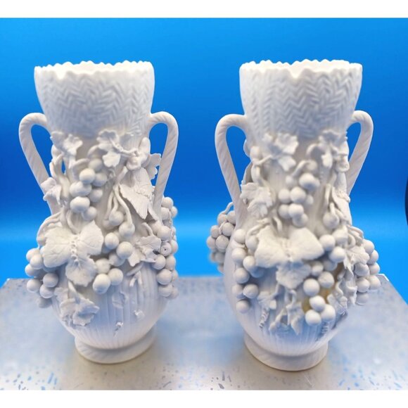 Antique Blanc De Chine Parian Ware Porcelain Bisque Amphora Vases Set Of 2 - Picture 2 of 15